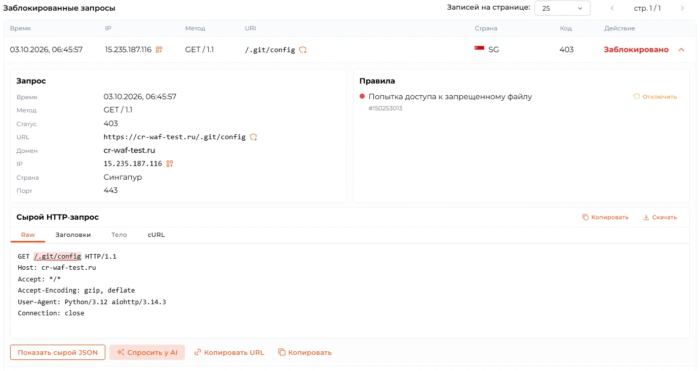 Раскрытые подробности запроса: блоки &laquo;Запрос&raquo;, &laquo;Правила&raquo; и &laquo;Сырой HTTP-запрос&raquo;