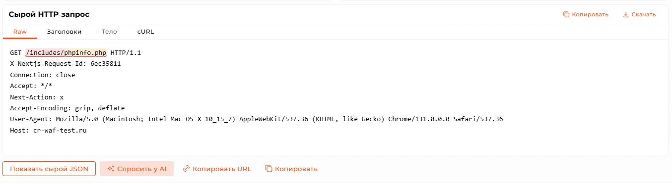Вкладка &laquo;Raw&raquo; со строкой запроса и HTTP-сообщением