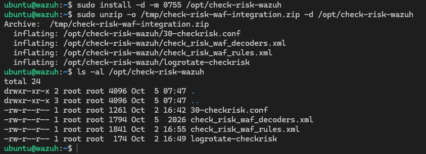 Шаг 1. Распаковка комплекта интеграции и список файлов в /opt/check-risk-wazuh.