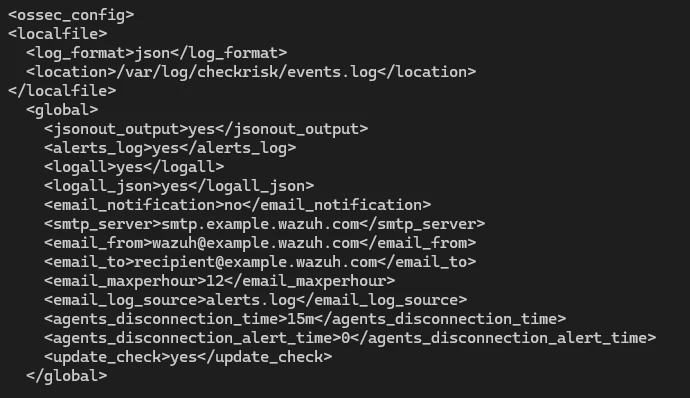 Шаг 4. Фрагмент ossec.conf с чтением events.log и настройками архивирования.