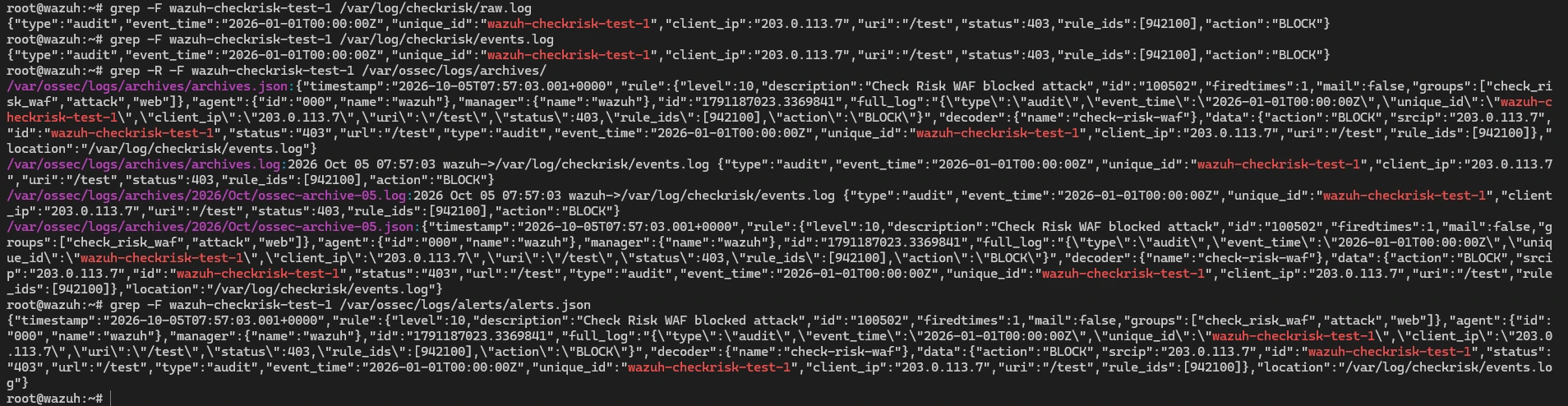 Шаг 9. Поиск тестового события в журналах raw.log, events.log, archives и alerts.json.
