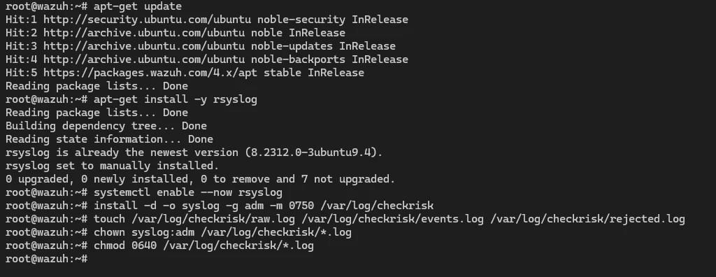 Шаг 2. Установка rsyslog и подготовка каталога /var/log/checkrisk.