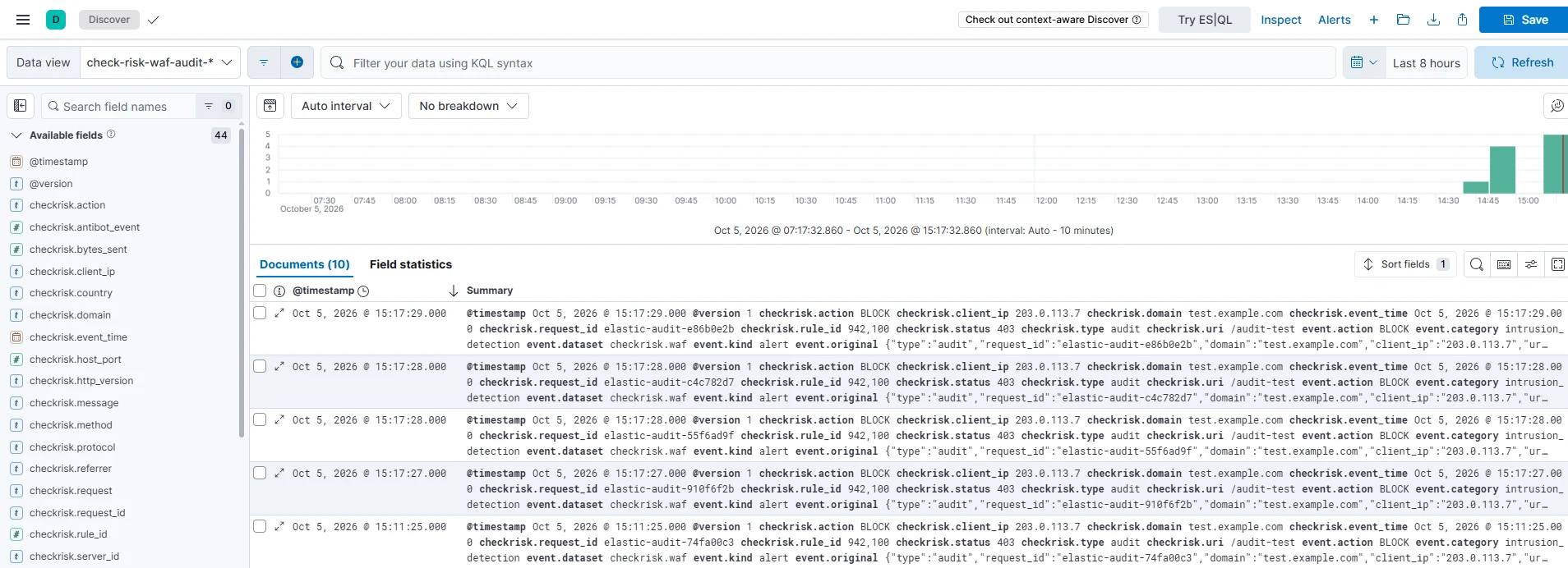 Шаг 10. Просмотр audit-событий Check Risk WAF в Discover.