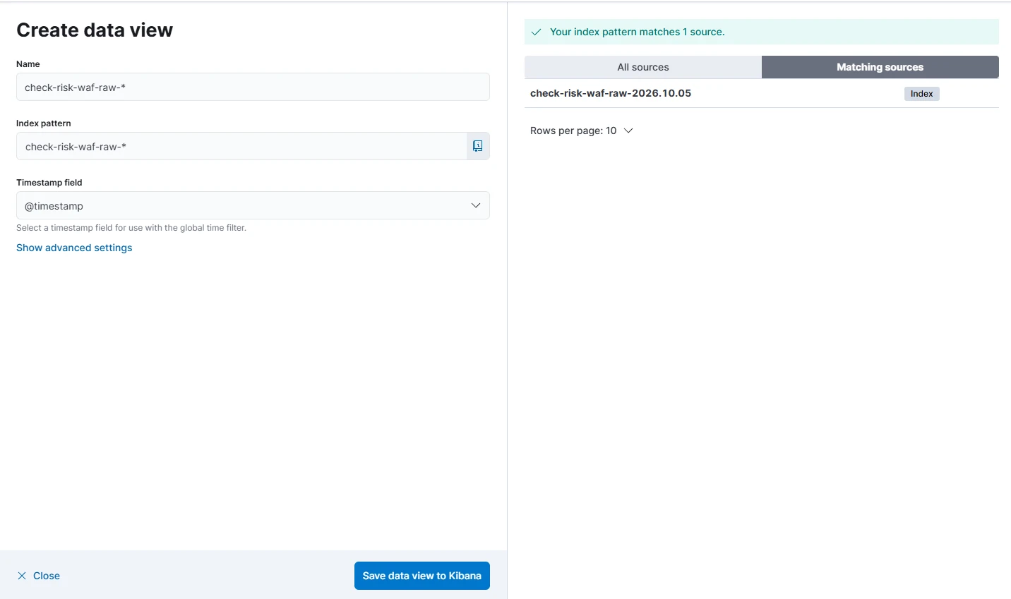 Шаг 9. Создание Data View для check-risk-waf-raw-*.