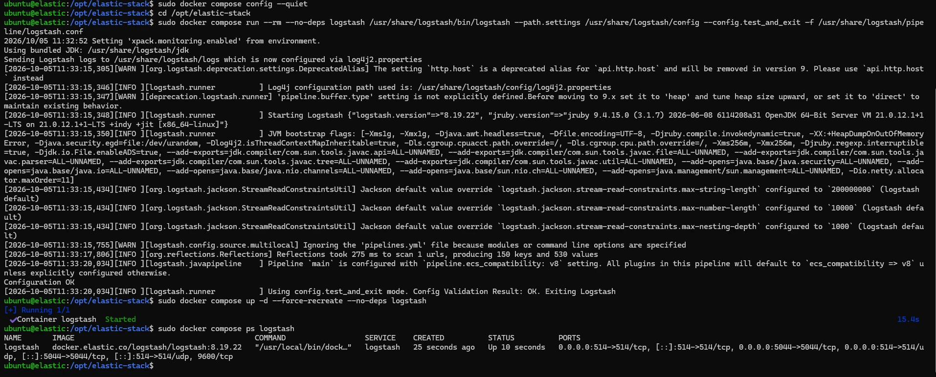 Шаг 5. Проверка конфигурации Logstash и перезапуск контейнера.