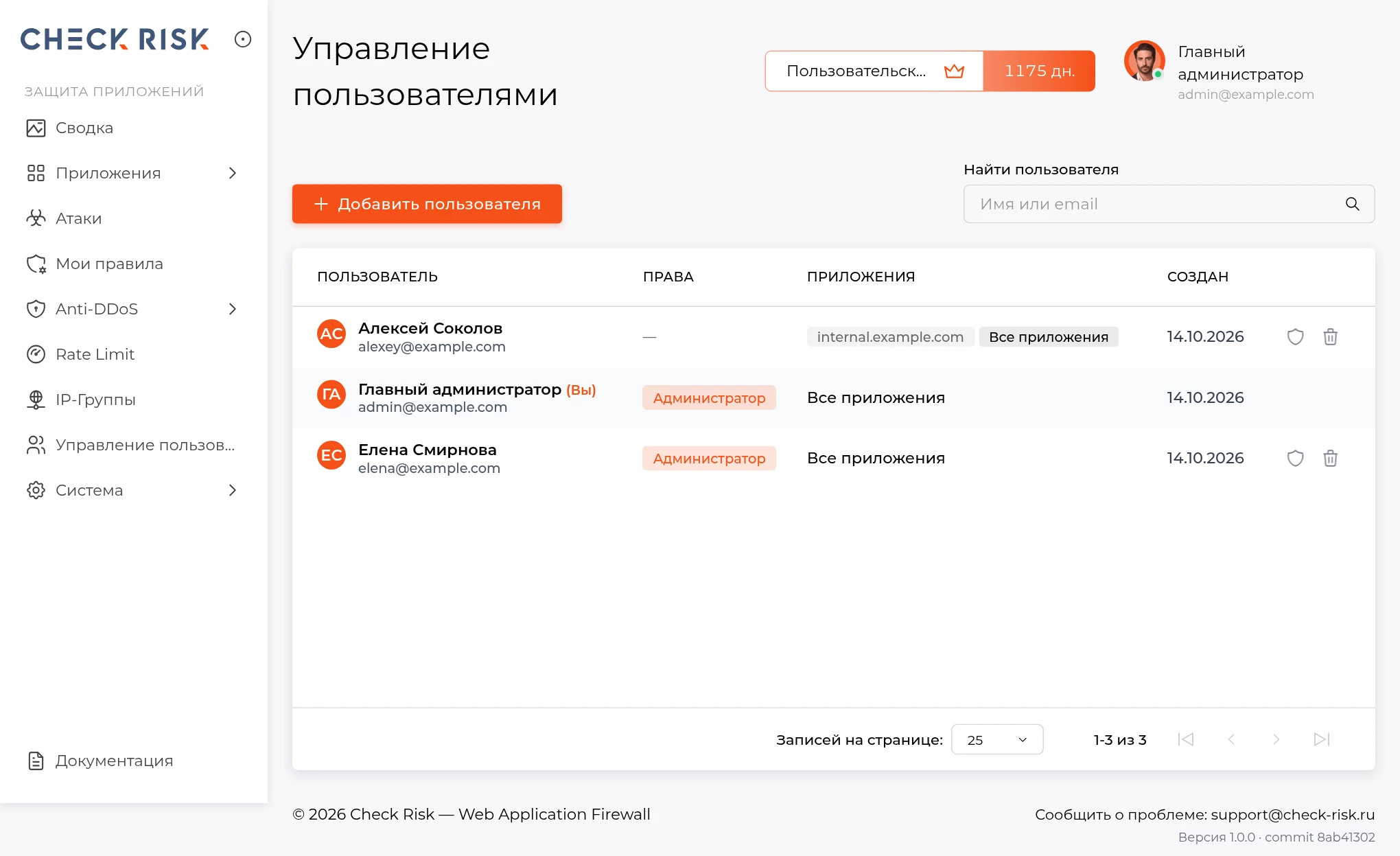 Страница &laquo;Управление пользователями&raquo; Check Risk on-premise.