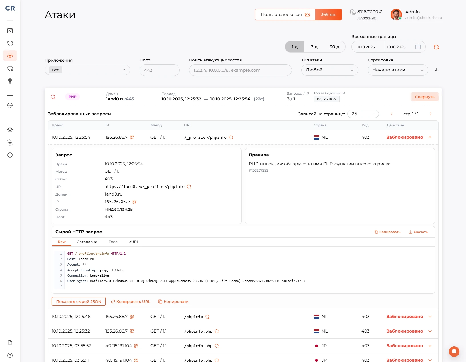 Скриншот панели управления сетевой атакой Check Risk WAF