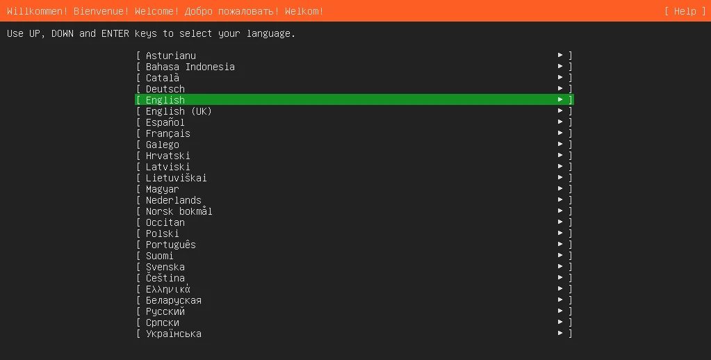 Шаг 2. Исходный скриншот выбора языка установки Ubuntu.