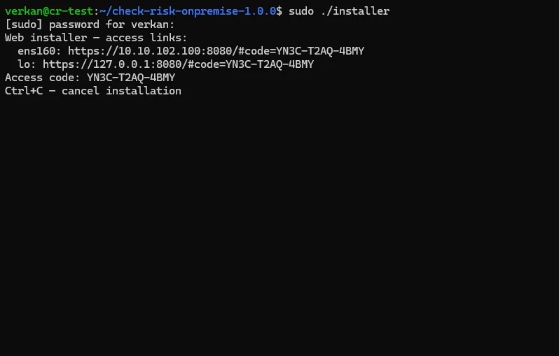 Запуск установщика командой sudo ./installer в терминале.