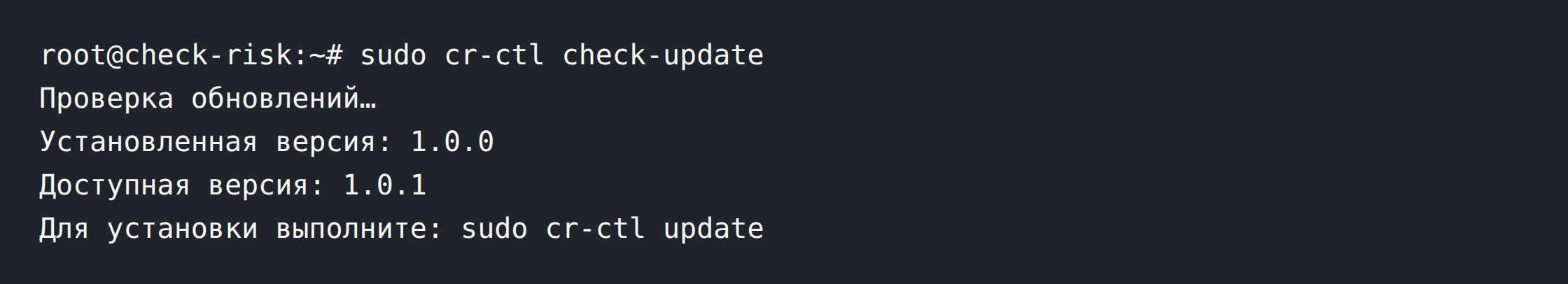 Шаг 1. Консоль: sudo cr-ctl check-update; установлена версия 1.0.0, доступна версия 1.0.1. Для установки выполните: sudo cr-ctl update.