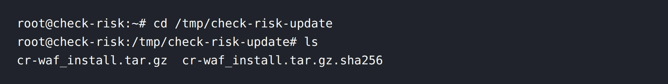 Шаг 1. Переход в /tmp/check-risk-update и список файлов cr-waf_install.tar.gz и cr-waf_install.tar.gz.sha256.