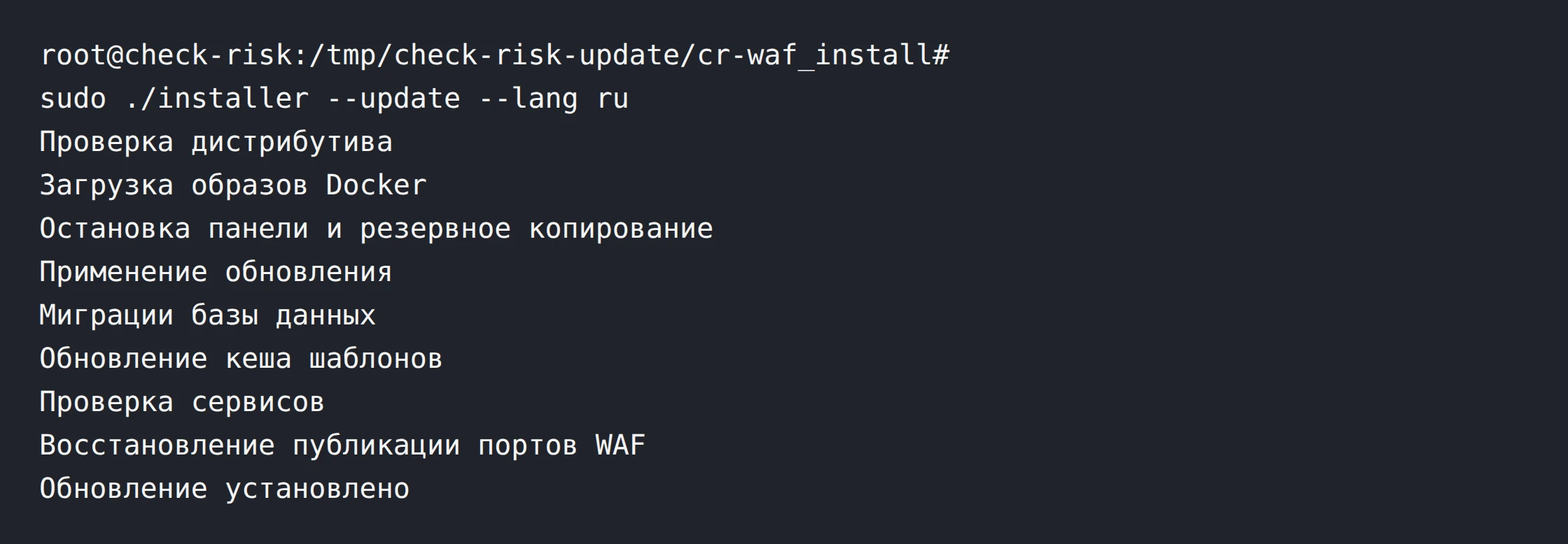 Шаг 4. Запуск sudo ./installer --update --lang ru; этапы обновления и сообщение &laquo;Обновление установлено&raquo;.